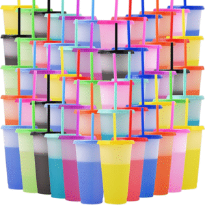 60 Pack Reusable Plastic Tumblers Bulk, 24 oz Color Changing Cups with Lids & Straws