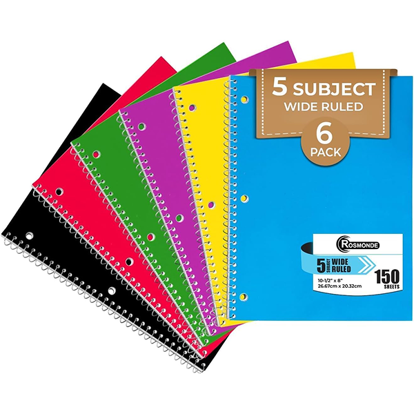Rosmonde 5 Subject Notebook Wide Ruled, 6 Pack